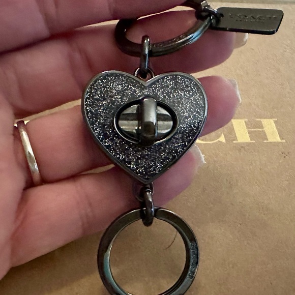 Coach Black Gray Glitter Turn Lock Heart Valet Keychain Bag Charm in Gunmetal - Picture 7 of 15